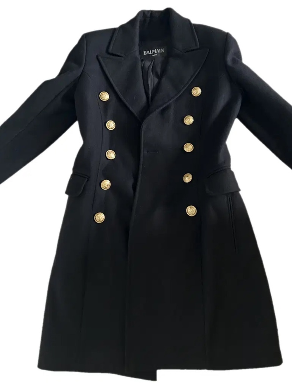 Balmain Black Double-Breasted Pea Coat with Gold Buttons